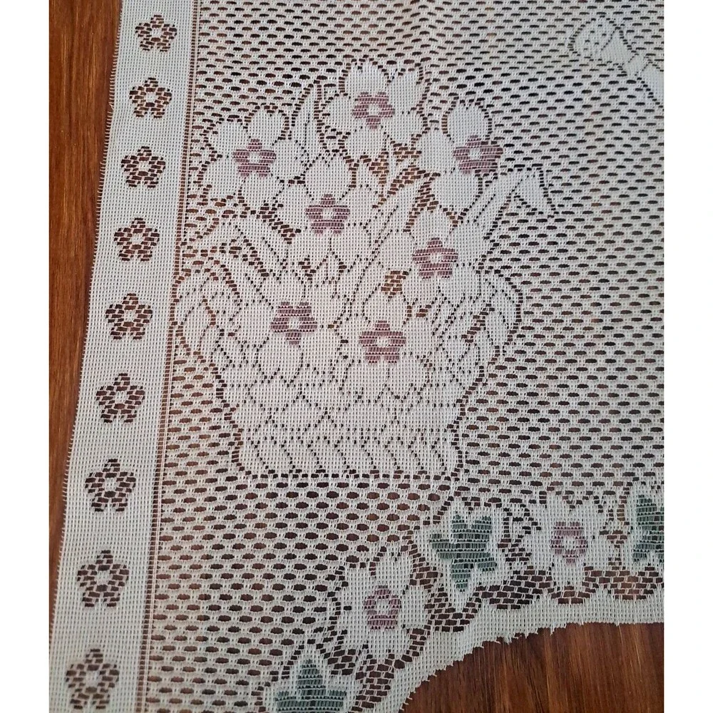 White Knit Lace Swag Curtains Arched Flower Bouquet 2 PC Pink Green 56x31